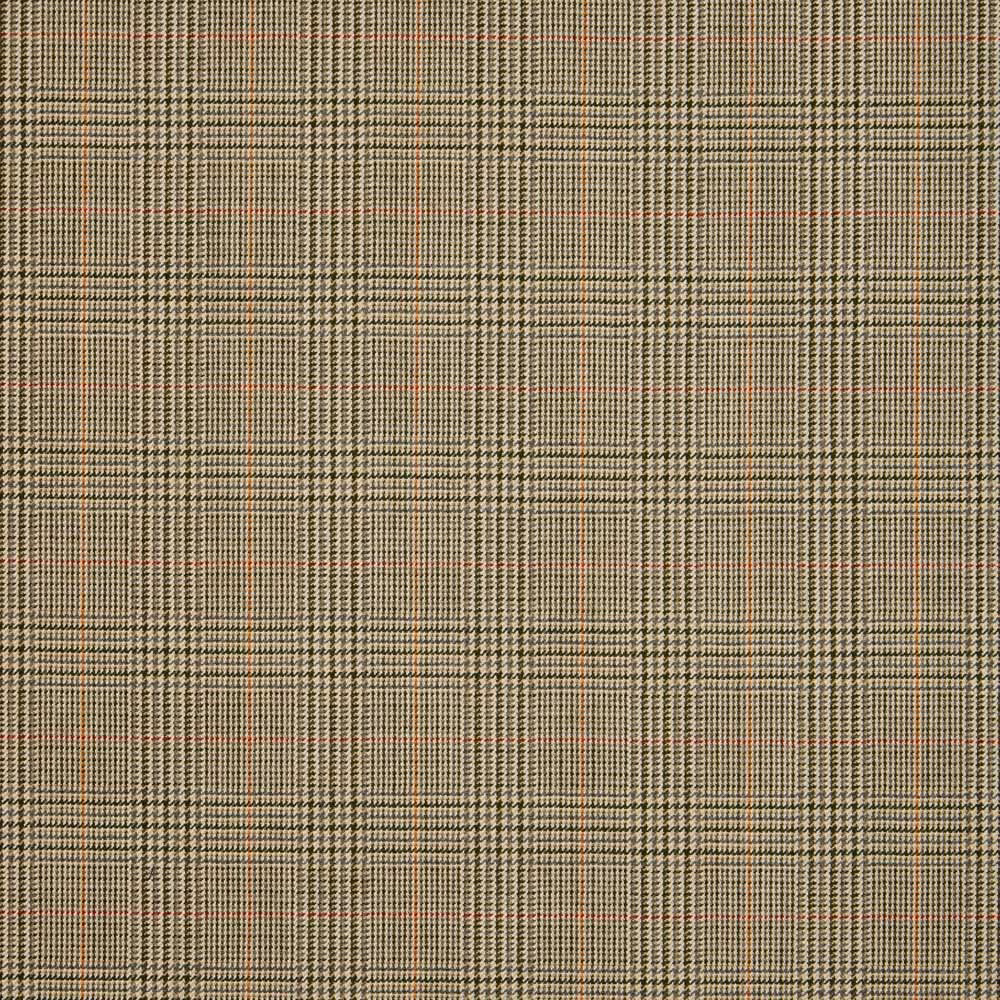 Muted olive plaid with charcoal checks and fine rust lines in a tight weave