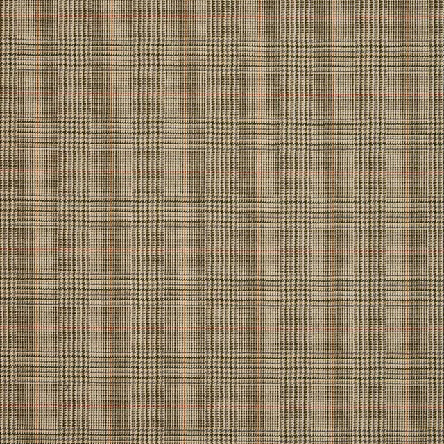 Muted olive plaid with charcoal checks and fine rust lines in a tight weave