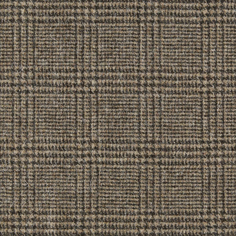 Taupe-brown woven plaid with charcoal lines, cream flecks and dense texture