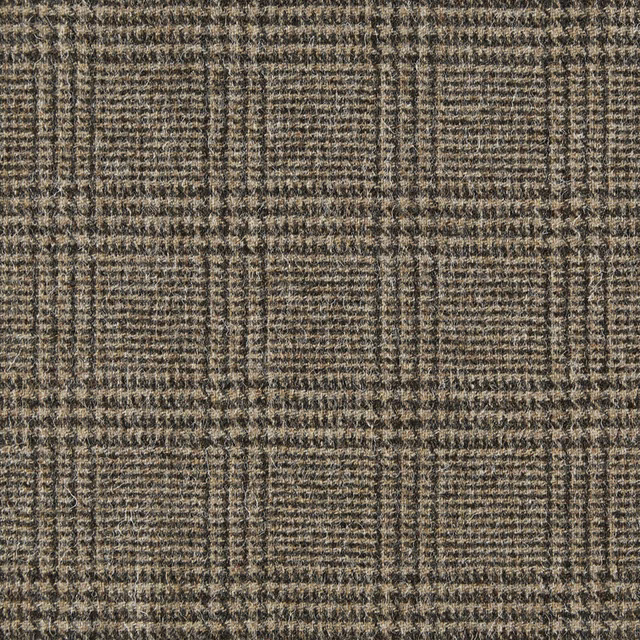 Taupe-brown woven plaid with charcoal lines, cream flecks and dense texture