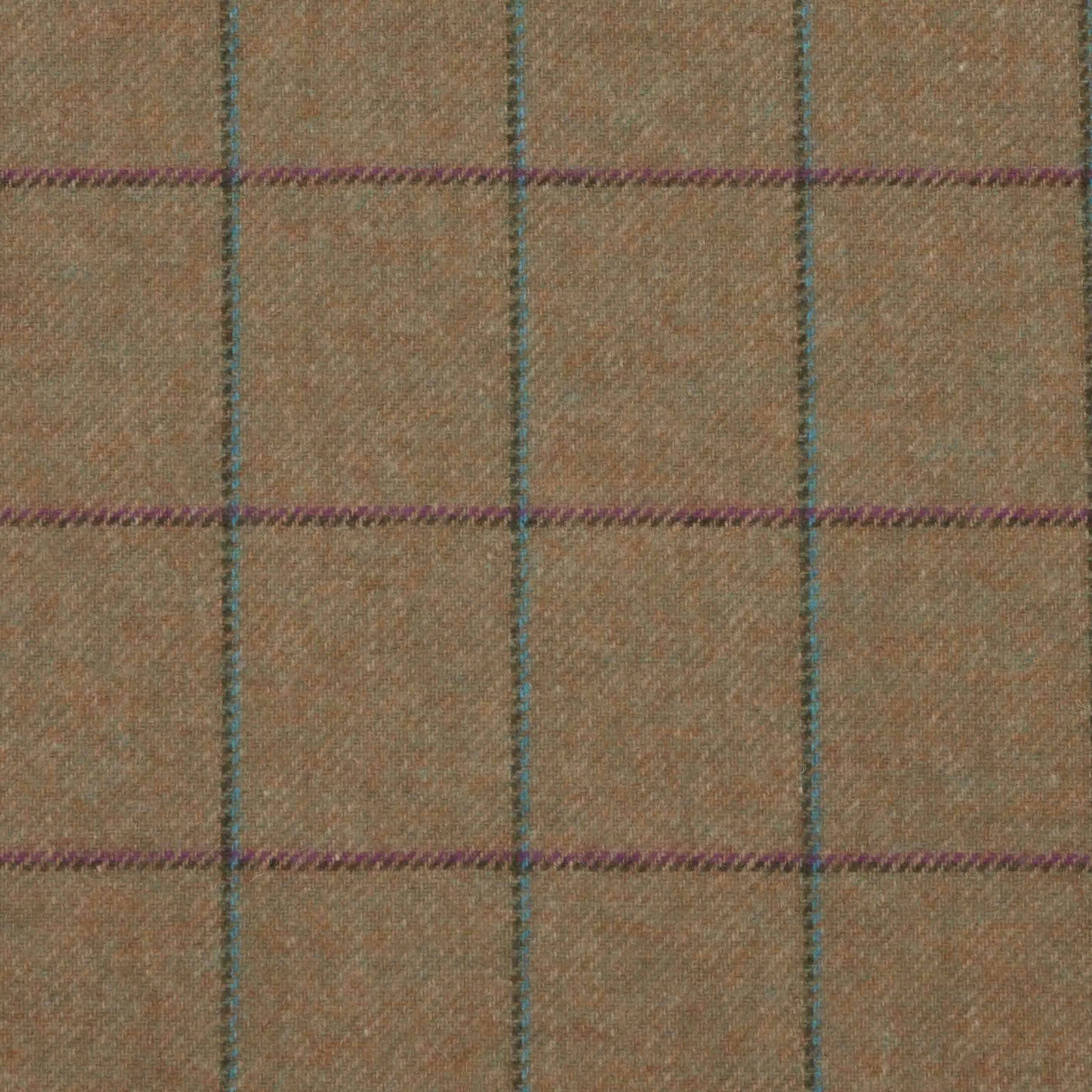 Muted khaki taupe woven plaid with teal and plum windowpane lines