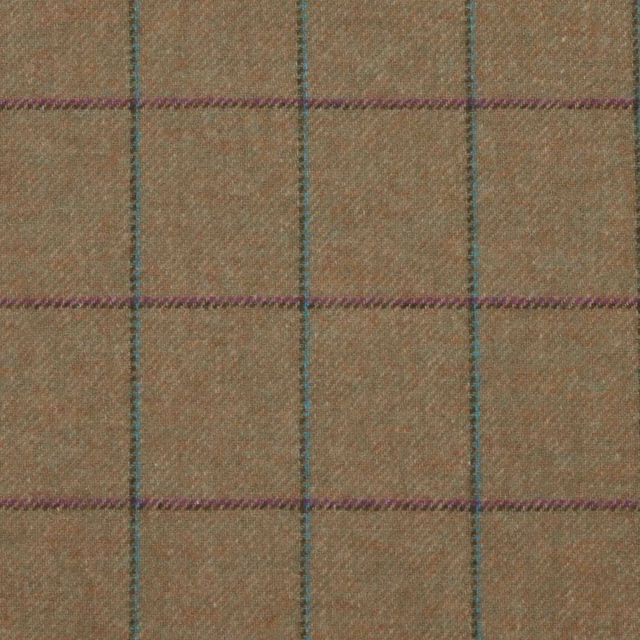 Muted khaki taupe woven plaid with teal and plum windowpane lines