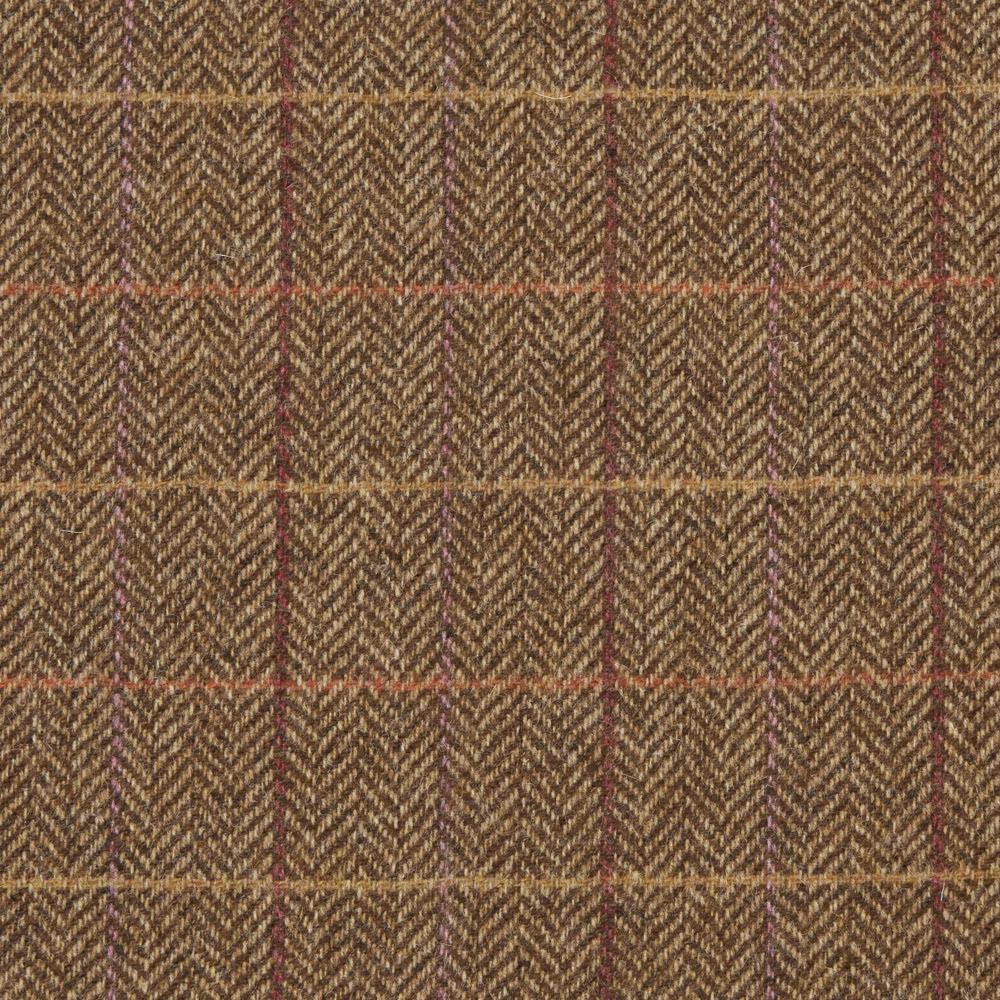 Warm brown herringbone upholstery with mustard, rust and burgundy woven checks