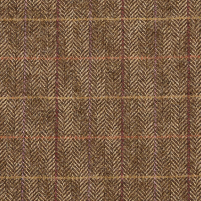 Warm brown herringbone upholstery with mustard, rust and burgundy woven checks
