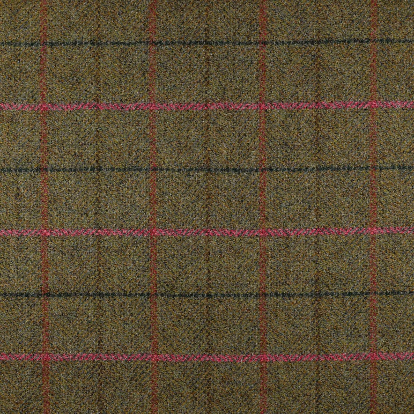 Mottled olive-brown woven plaid with vivid pink, red and charcoal lines