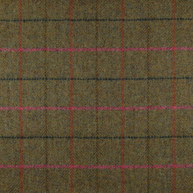 Mottled olive-brown woven plaid with vivid pink, red and charcoal lines
