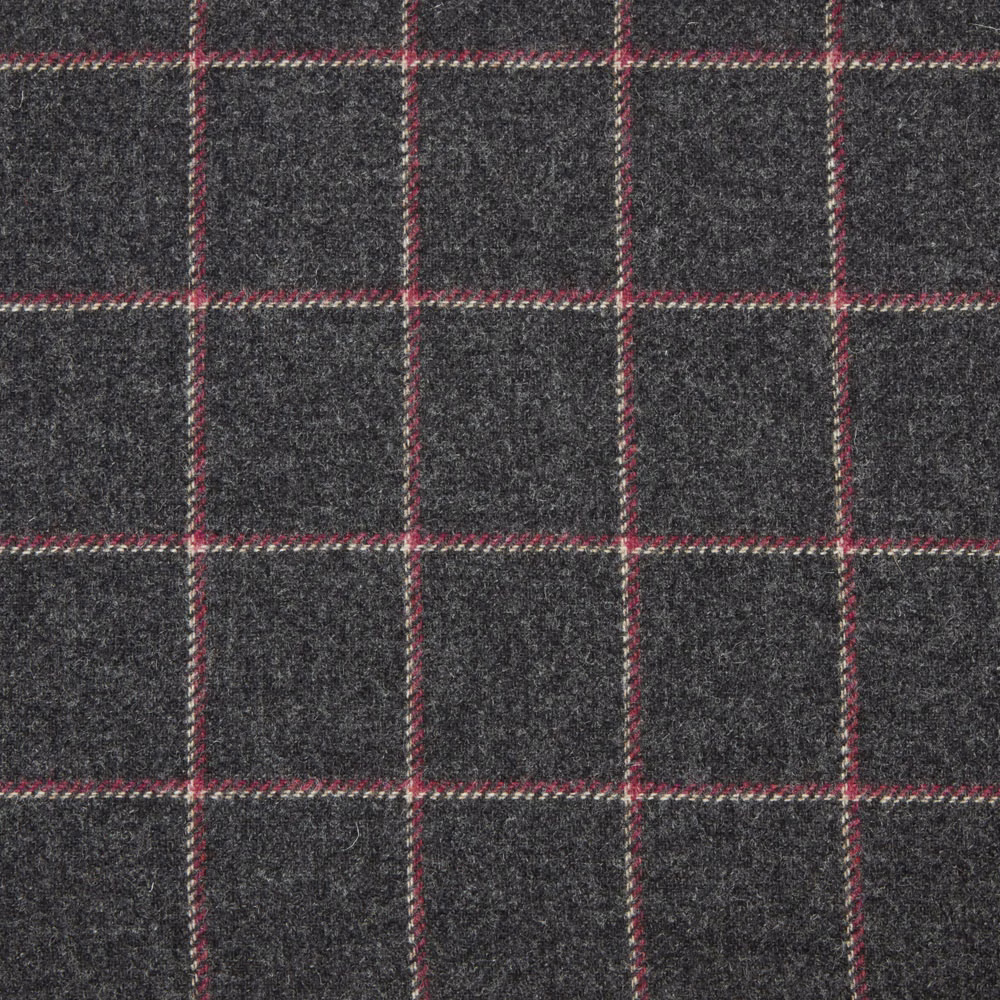 Charcoal-grey flecked weave crossed by fine burgundy windowpane lines