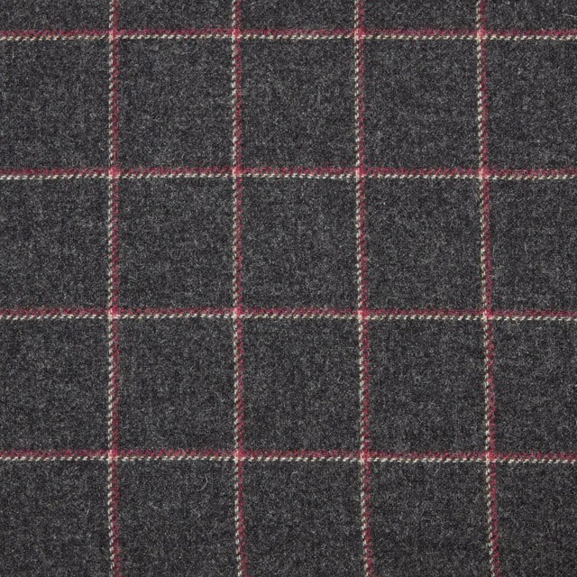 Charcoal-grey flecked weave crossed by fine burgundy windowpane lines