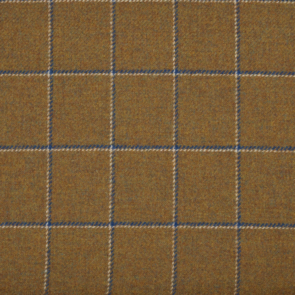 Warm ochre-brown woven check with narrow blue-grey grid lines