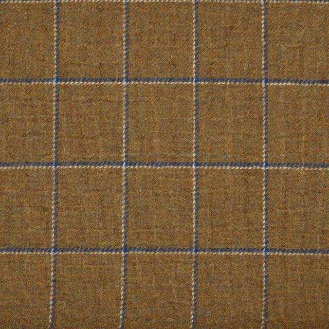 Warm ochre-brown woven check with narrow blue-grey grid lines