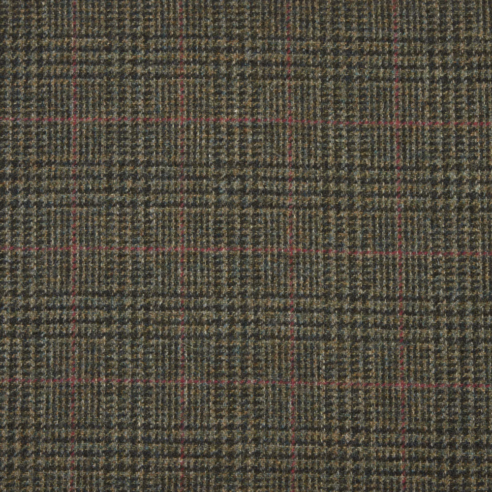Close view of olive-charcoal woven checks with fine muted red striping