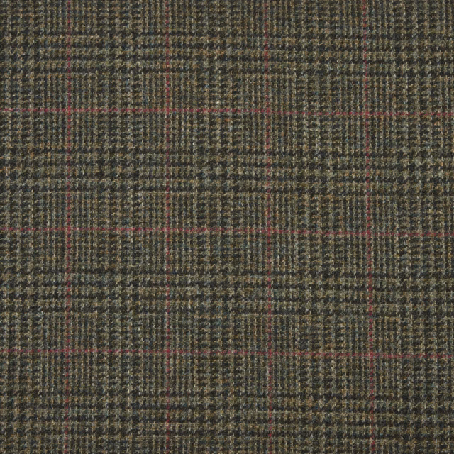 Close view of olive-charcoal woven checks with fine muted red striping