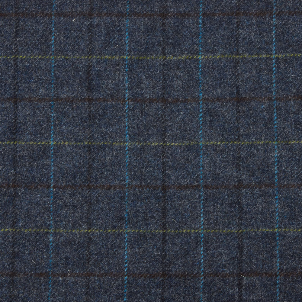 Charcoal blue-grey woven plaid with fine teal, olive and brown lines