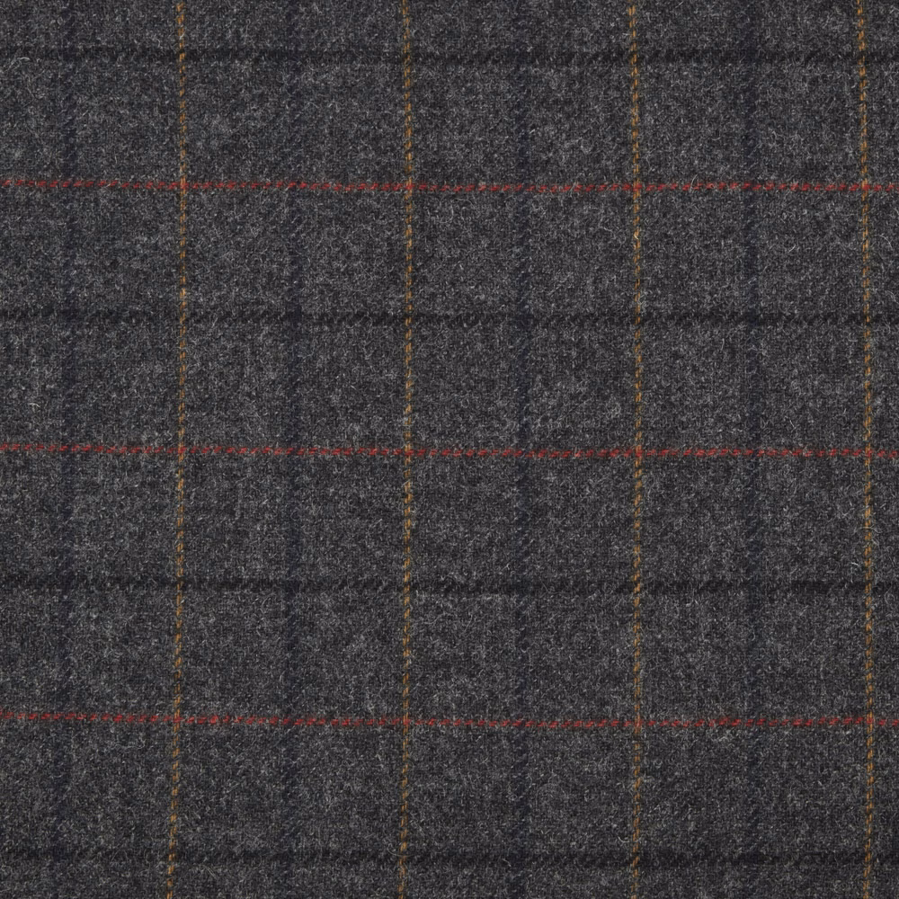 Charcoal textured plaid with fine muted red and ochre windowpane lines