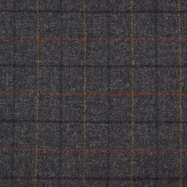 Charcoal textured plaid with fine muted red and ochre windowpane lines