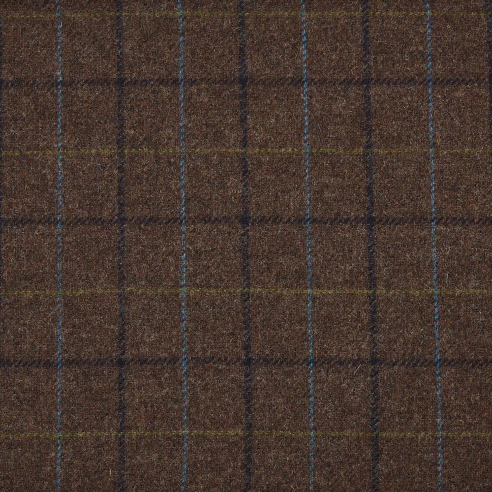 Dark brown tweed-like weave with blue and olive windowpane checks