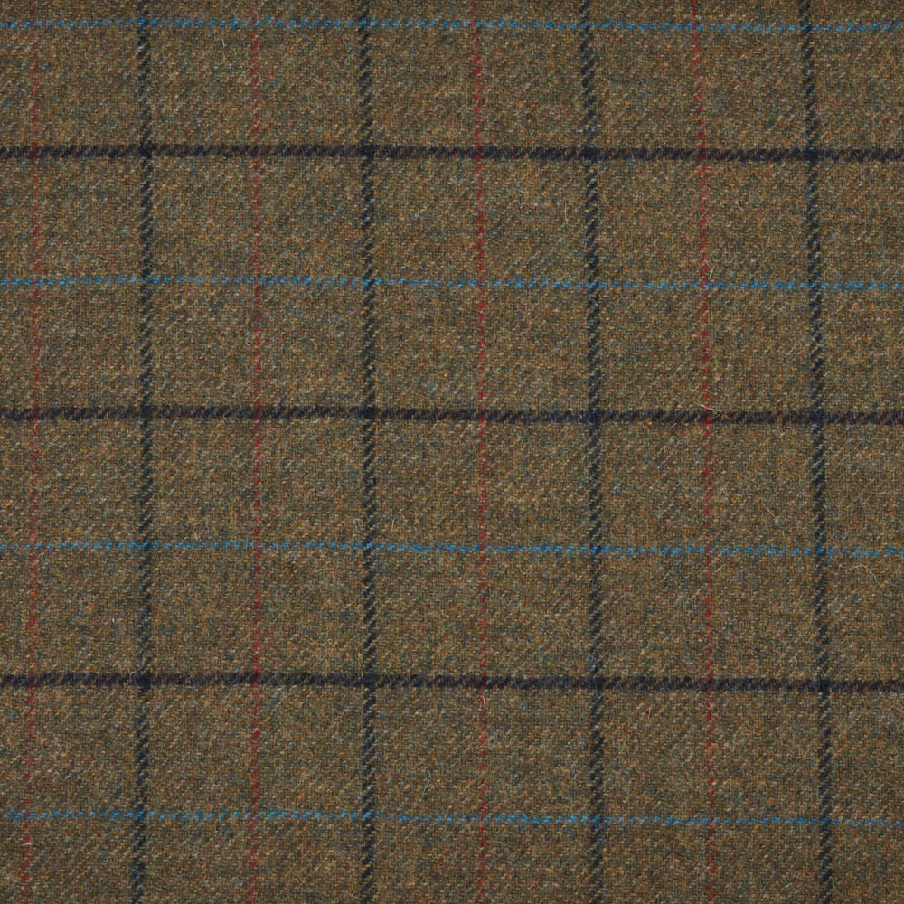 Muted olive-brown woven plaid with navy, teal and red intersecting lines