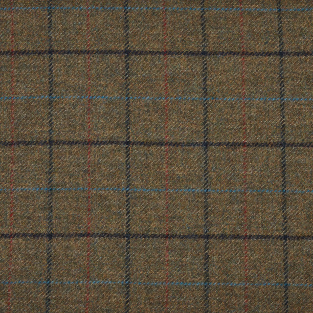 Muted olive-brown woven plaid with navy, teal and red intersecting lines