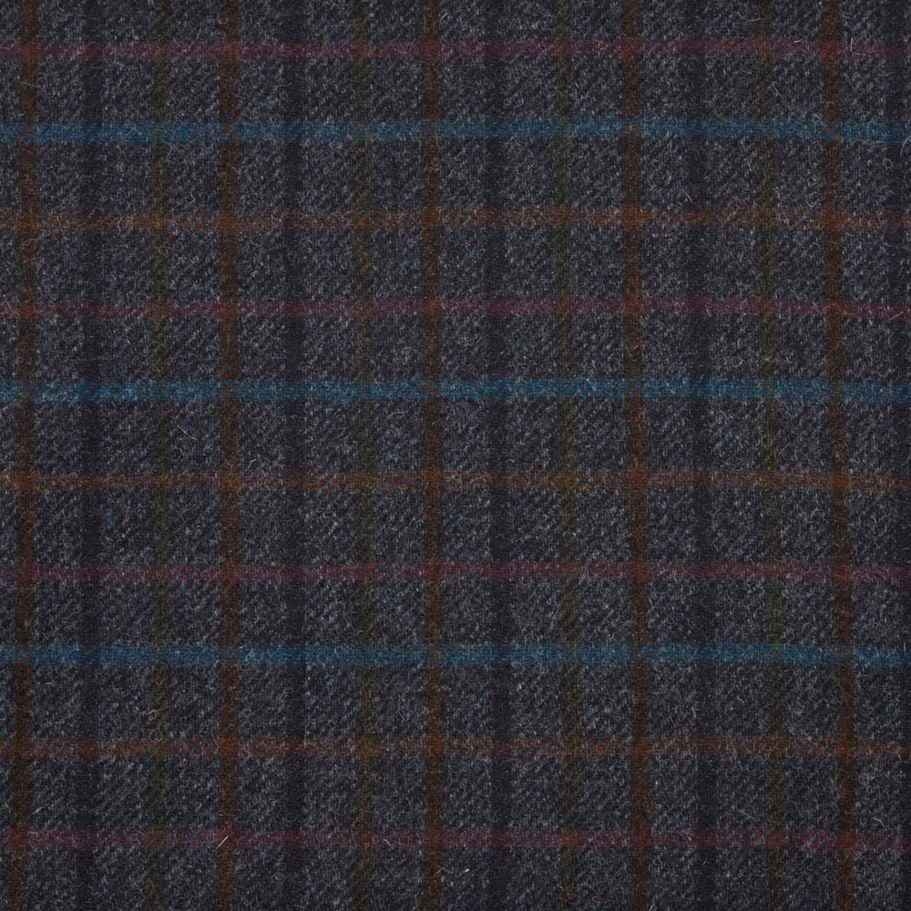 Charcoal woven plaid with teal, burgundy and rust windowpane stripes