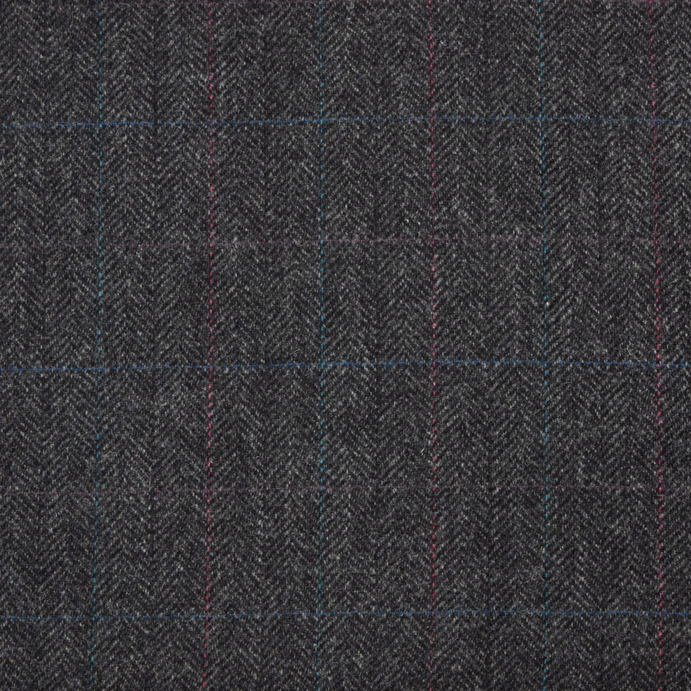 Deep charcoal herringbone fabric with subtle blue and burgundy windowpane lines