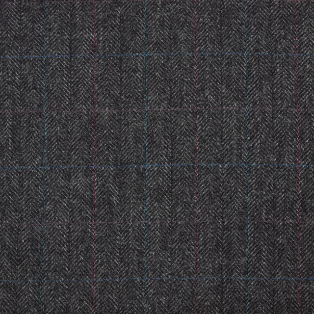 Deep charcoal herringbone fabric with subtle blue and burgundy windowpane lines