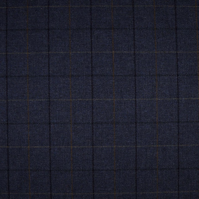 Charcoal navy plaid fabric with fine warm lines and a textured woven surface