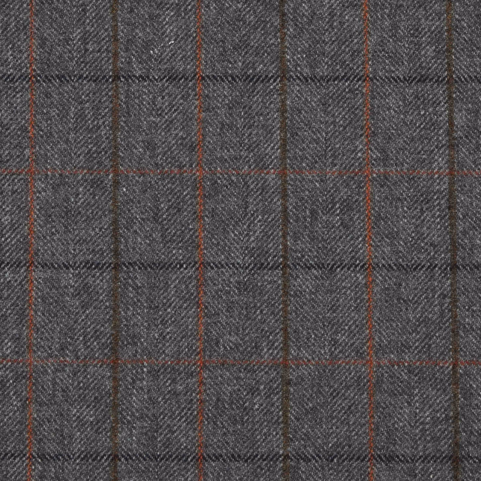 Charcoal grey herringbone plaid with slim red and brown windowpane lines