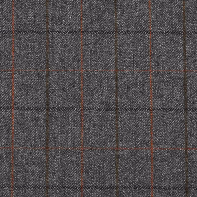 Charcoal grey herringbone plaid with slim red and brown windowpane lines