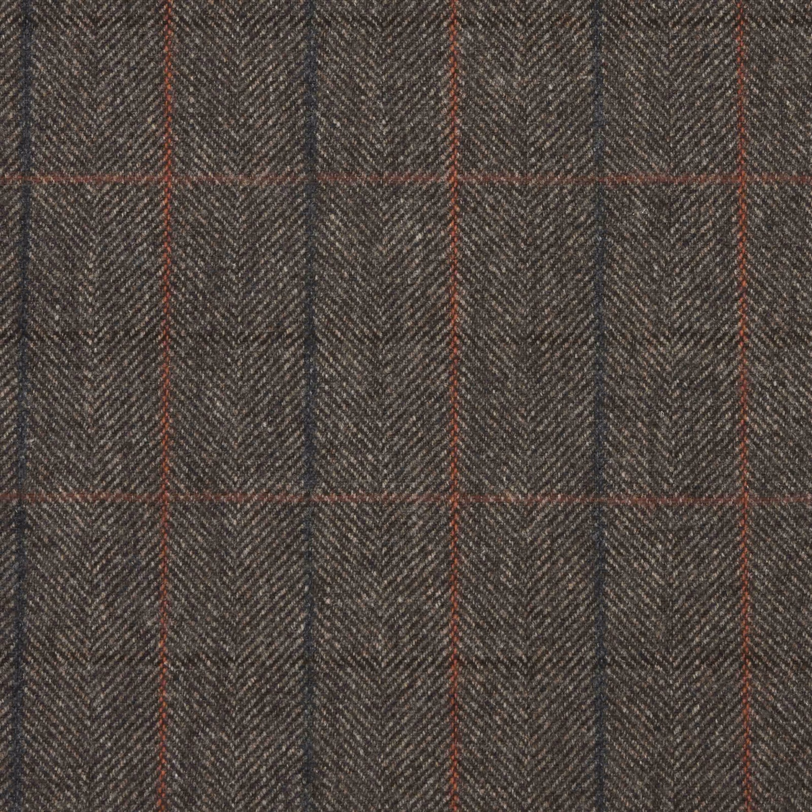 Charcoal brown herringbone plaid with fine rust and blue lines
