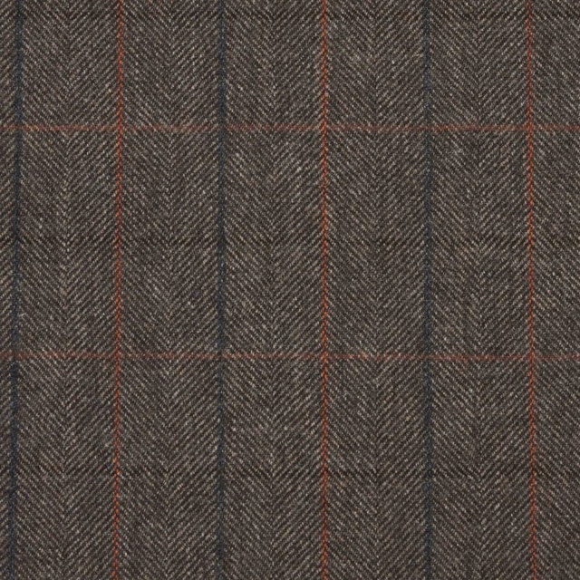 Charcoal brown herringbone plaid with fine rust and blue lines