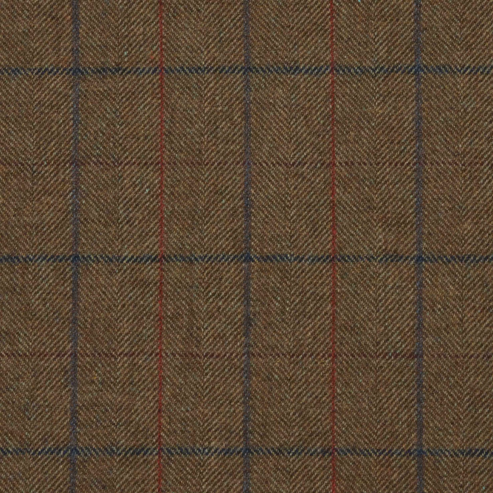 Warm brown herringbone upholstery with fine blue and red windowpane checks