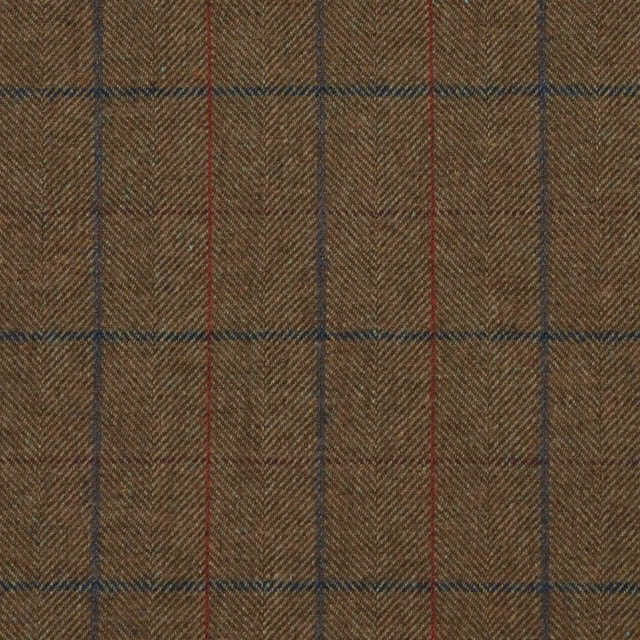 Warm brown herringbone upholstery with fine blue and red windowpane checks