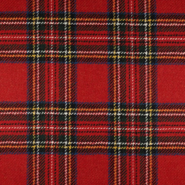 Deep red woven tartan with navy, green, ochre and cream checked stripes