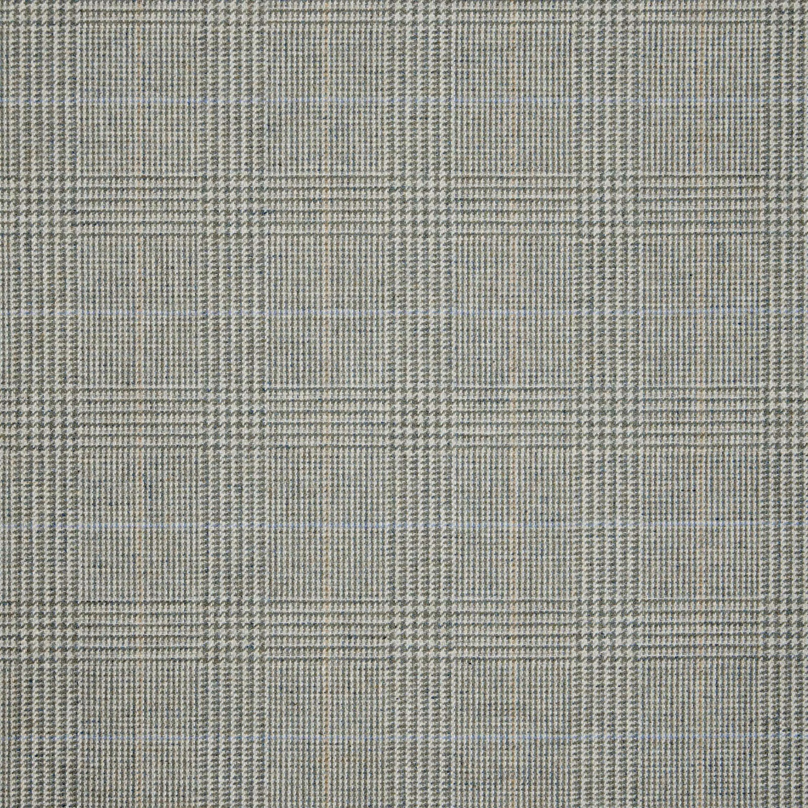 Muted grey-taupe plaid with charcoal windowpane lines and fine woven texture