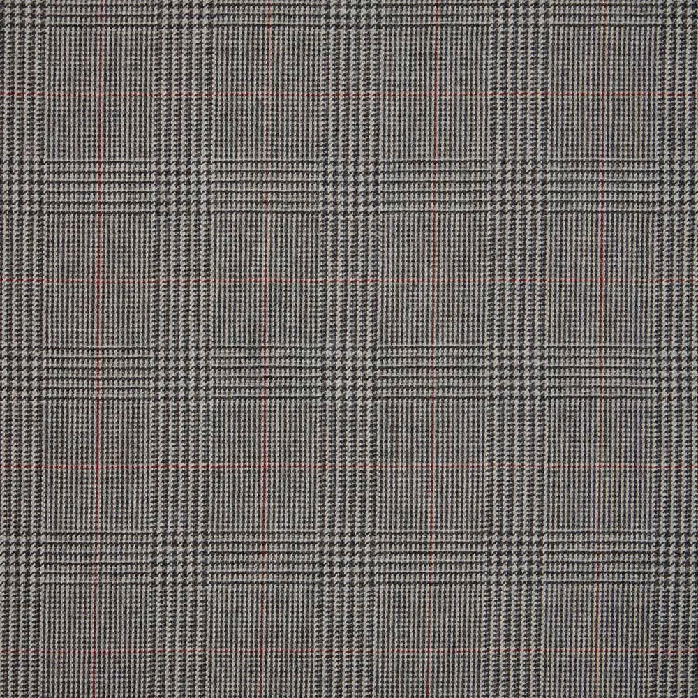 Charcoal-grey woven check with fine black lines and subtle red pinstripes