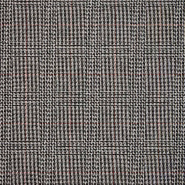 Charcoal-grey woven check with fine black lines and subtle red pinstripes