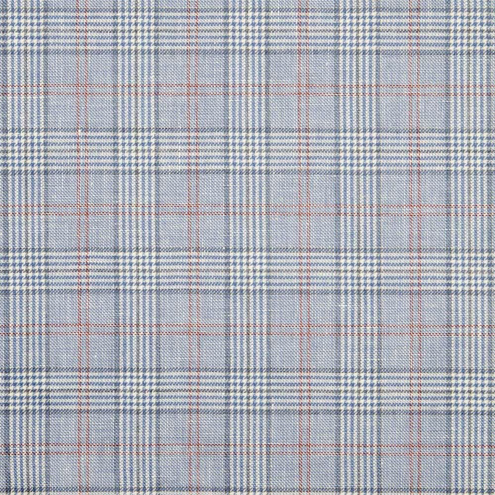 Pale blue-grey plaid fabric with navy checks and fine muted rust lines