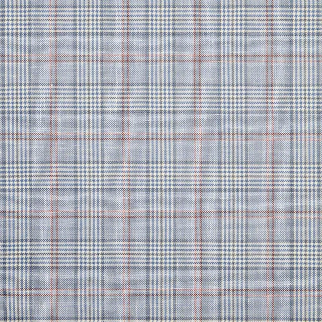 Pale blue-grey plaid fabric with navy checks and fine muted rust lines