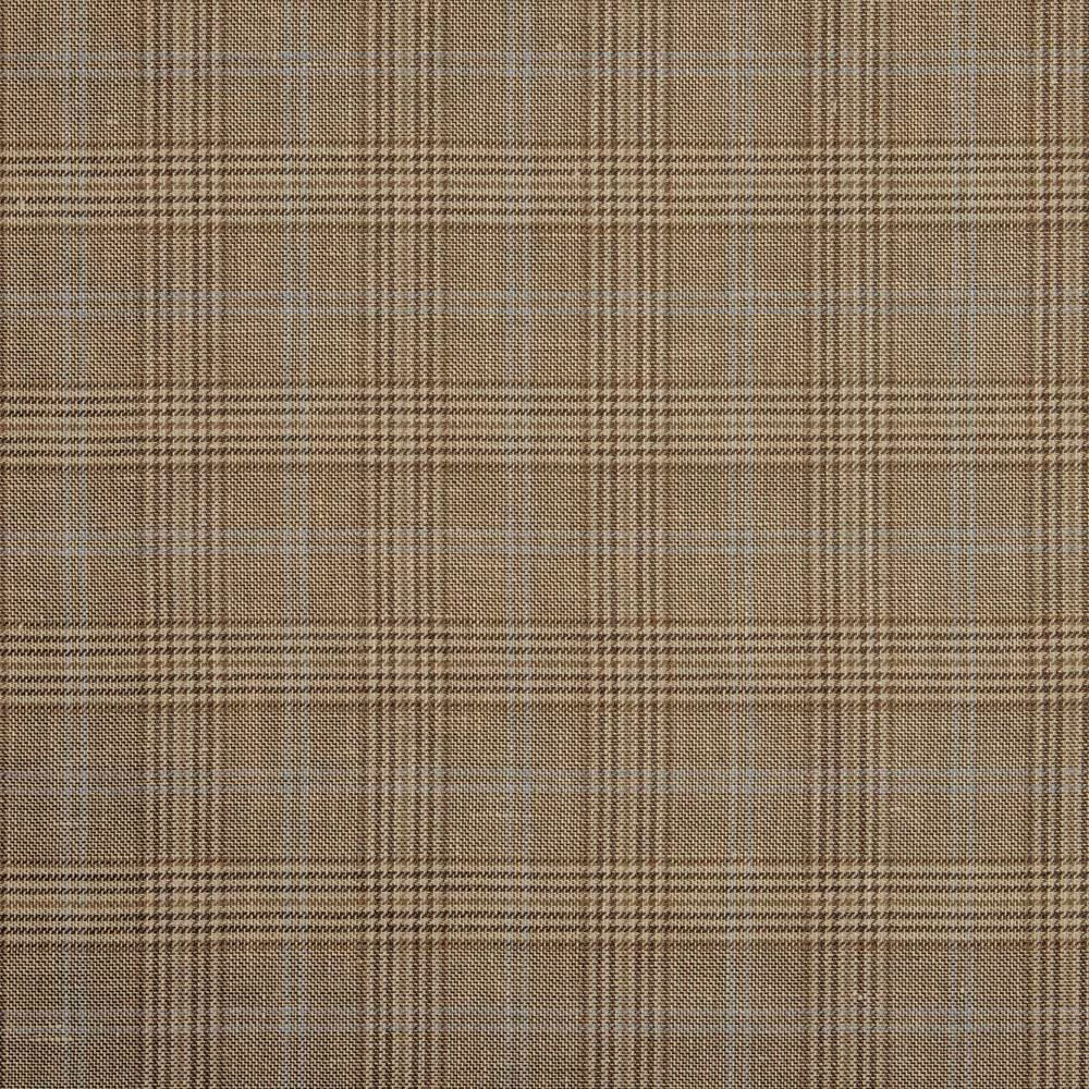 Warm taupe-brown woven plaid with fine blue-grey intersecting lines