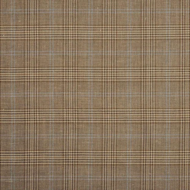 Warm taupe-brown woven plaid with fine blue-grey intersecting lines