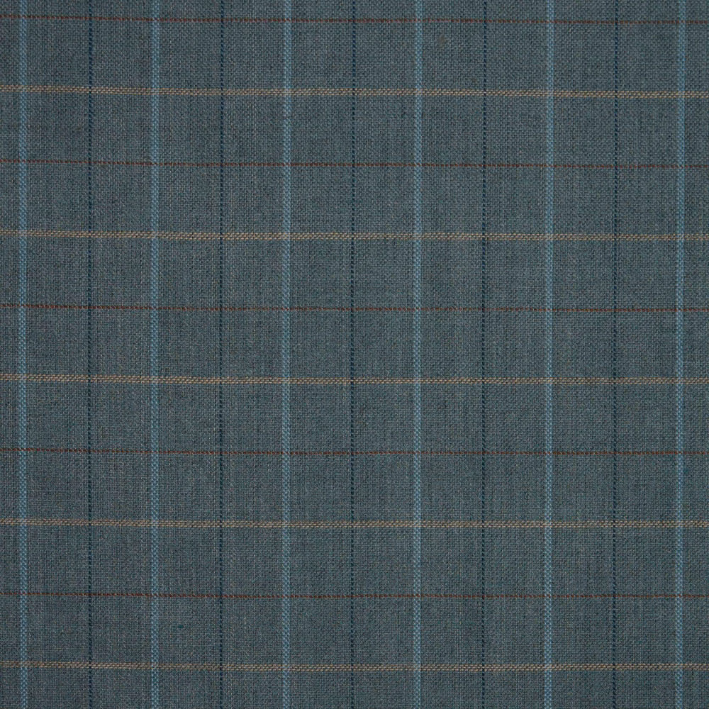 Close view of blue-grey woven plaid with teal, charcoal and tan lines