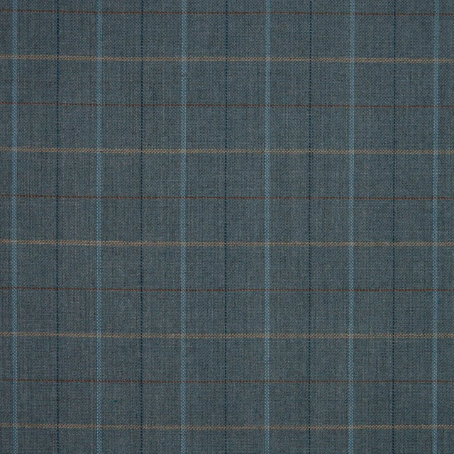 Close view of blue-grey woven plaid with teal, charcoal and tan lines