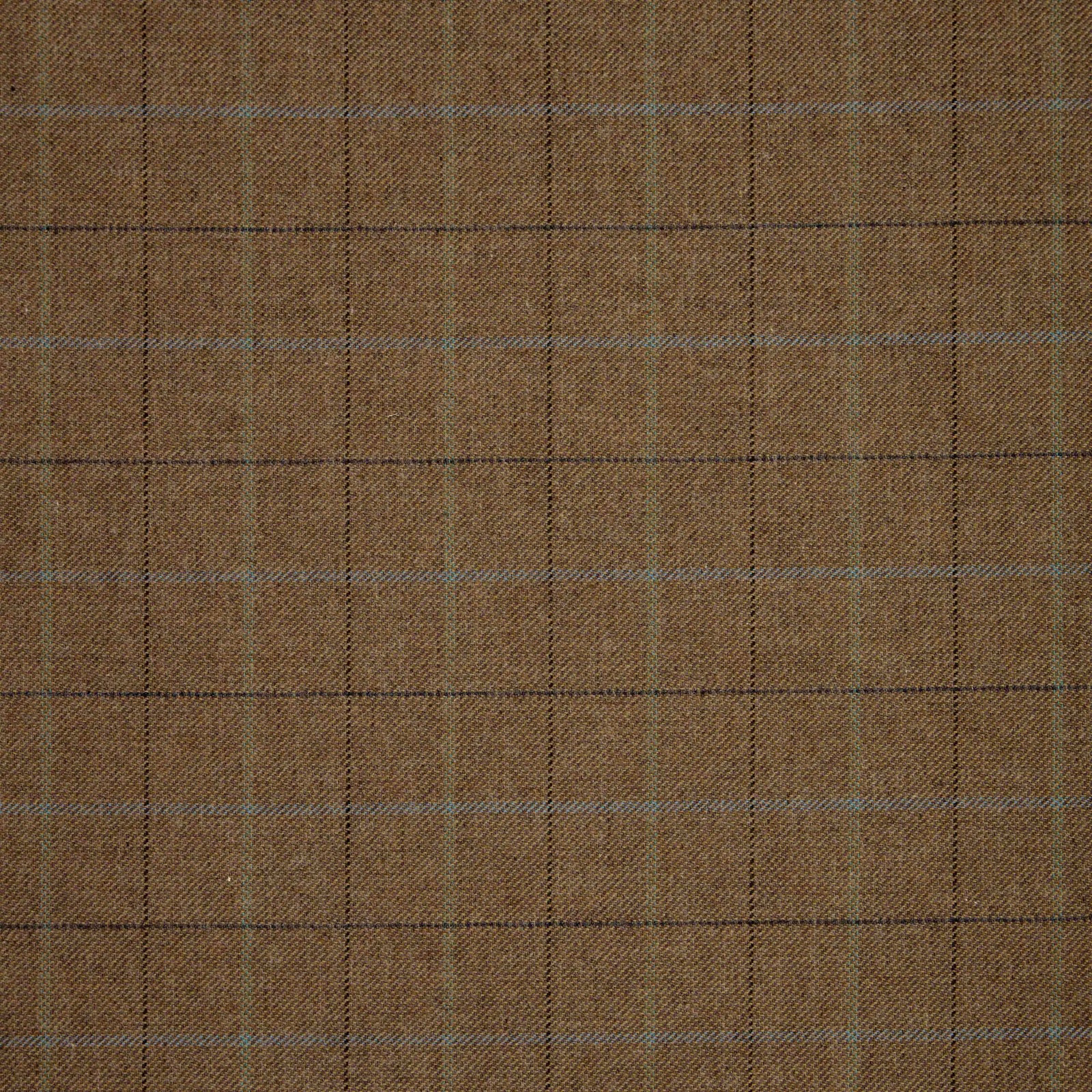 Warm tobacco-brown woven plaid with blue-grey and charcoal windowpane lines