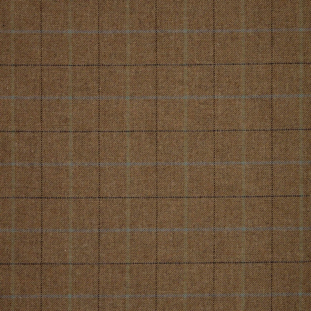 Warm tobacco-brown woven plaid with blue-grey and charcoal windowpane lines