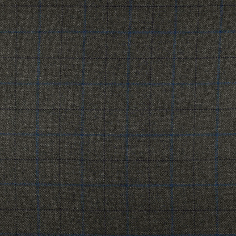 Charcoal olive-grey woven fabric with a fine black grid and muted blue lines