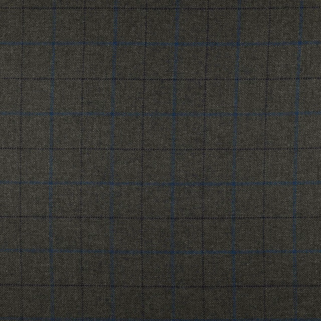 Charcoal olive-grey woven fabric with a fine black grid and muted blue lines