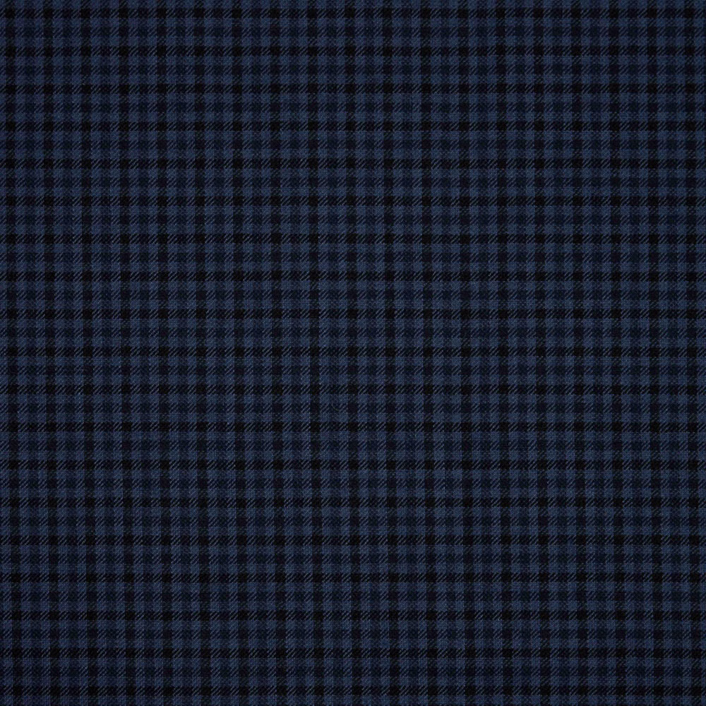 Close-up of deep navy and black small-check woven fabric with fine texture