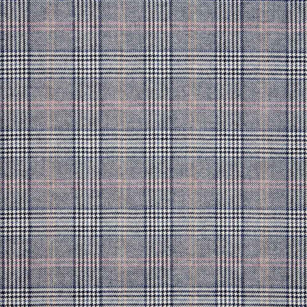 Cool grey-blue plaid fabric with white, navy and subtle blush-pink woven lines