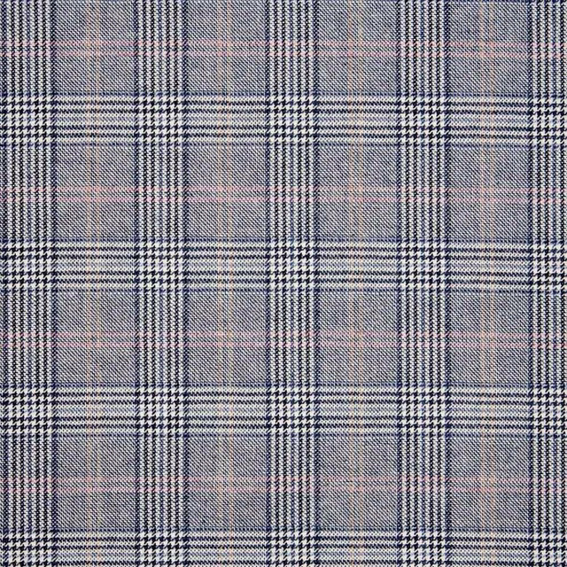 Cool grey-blue plaid fabric with white, navy and subtle blush-pink woven lines