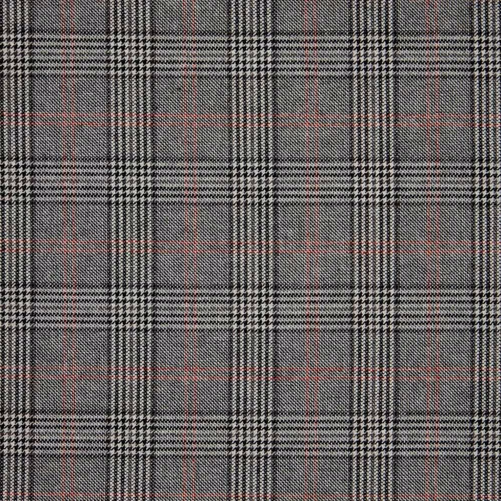 Charcoal grey plaid fabric with pale checks and fine muted red lines